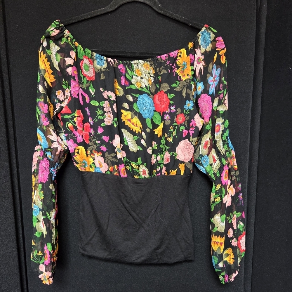 Floral Blouse - Boho Romantic Size Small Black Multicolor Silk Vibrant Colorful - Picture 2 of 7